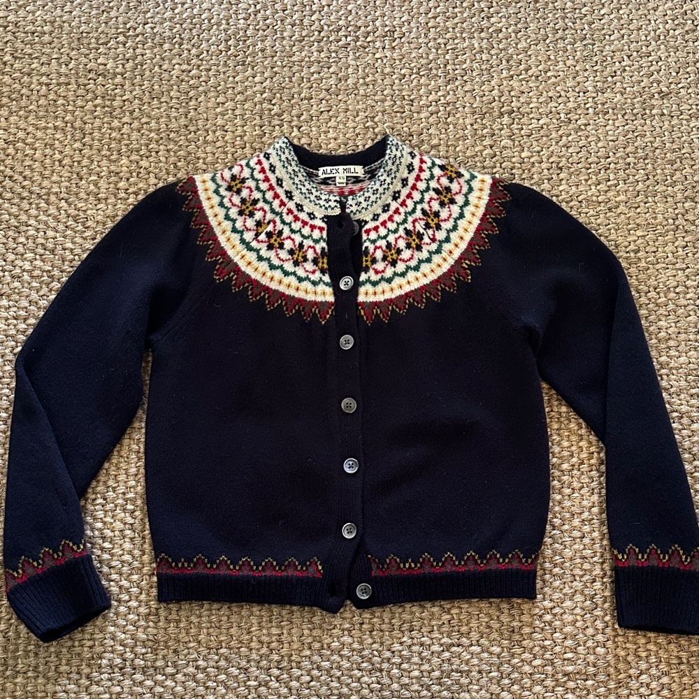 Alex Mill Navy Sweater Navy Fair Isle Cardigan XS Merino Wool